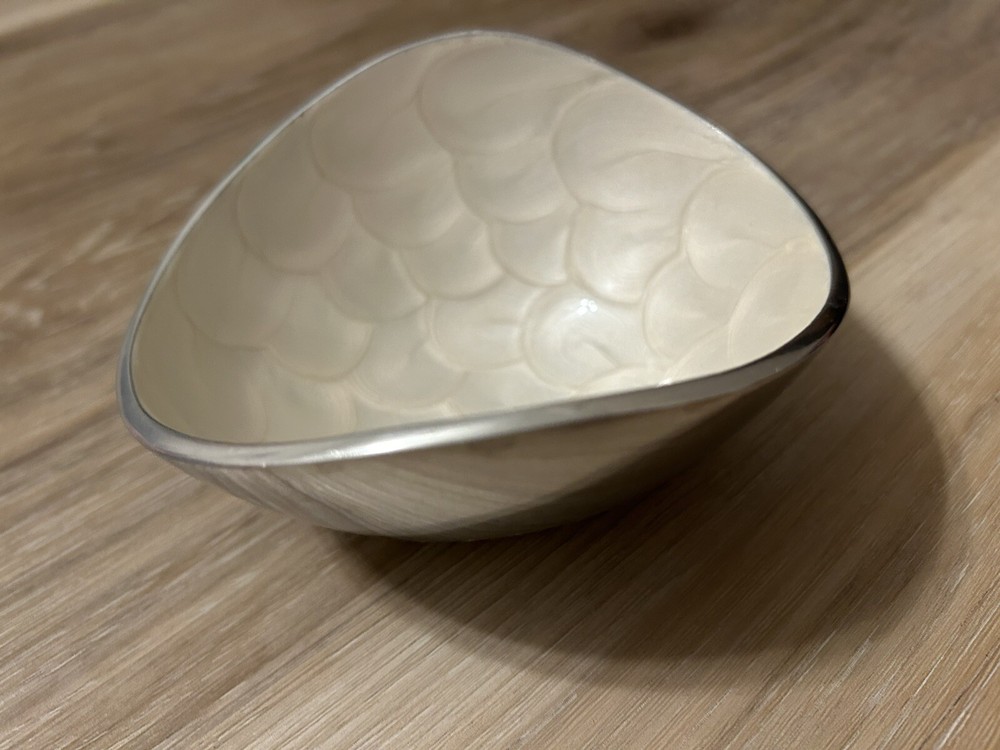 2 Vtg Silver Tone Metal Small Serving Bowls White Iridescent Lining Modernist