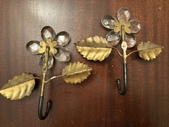Vintage Metal Toleware Made In Italy Glass Crystal Petals Flowers Wall Hooks