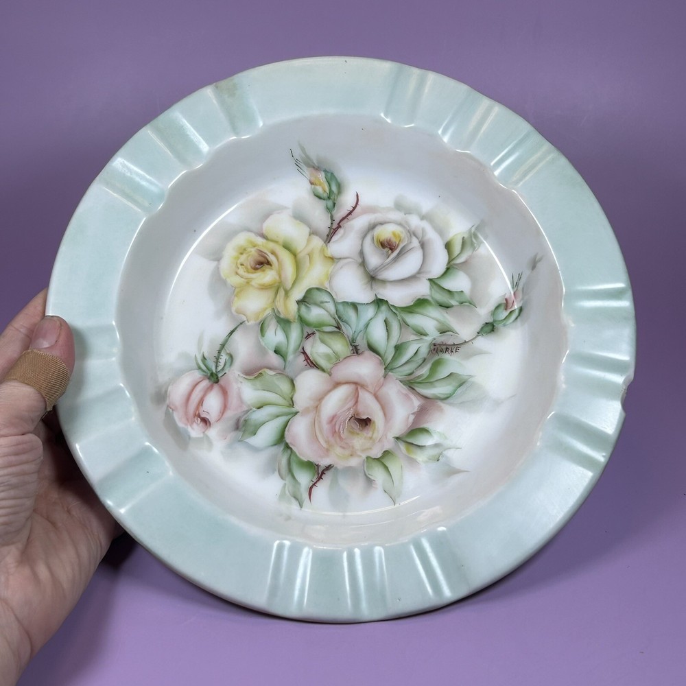 Vintage 1940s Hand Painted Roses 8.75” Ceramic Dish Trinket Bowl Signed