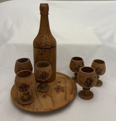 Wooden Pyrography Folk Art Decanter With 6 Stem Cups & Serving Tray VINTAGE
