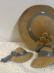 Vintage Home Interiors Burwood Blue Ribbon Bonnet Straw Hats Wall Decor Lot Of 4