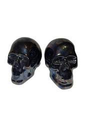 2 Ceramic Skull Skeleton Head Figurines ￼ Black Halloween Fun