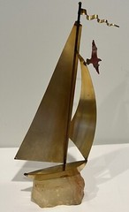 Handcrafted John DeMott Brass Sailboat Seagull Onyx Base Nautical Sculpture 12”