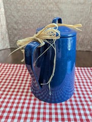 9.5″high BLUE Metal Enamaled Percolator w/SUNFLOWERS-BUTTERFLIES decals x DECOR
