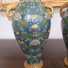 Pair Chinese Cloisonné Enamel Brass Floral Vases Blue Dragon Handle Vintage