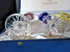 Faberge Na Zdorovye Crystal Colored Cordial Glasses 5 3/4″ H x 2″ at rim NIB