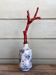 Faux Red Coral Specimen in Blue & White Floral Small Vase in Chinoiserie Chic St