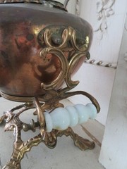 Old Copper TILTING TEA KETTLE on Ornate BRASS STAND White Porcelain Handles