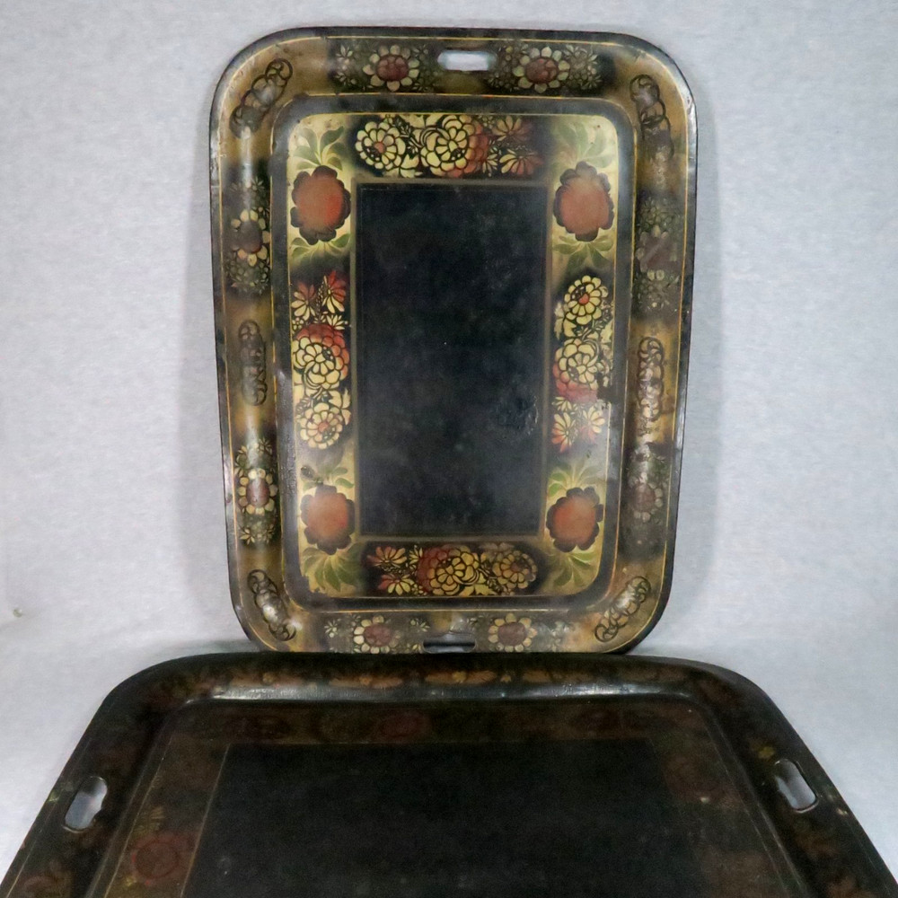 Antique Toleware Pair of Metal Trays Black Hand Painted Floral Stenciled 24″x18″