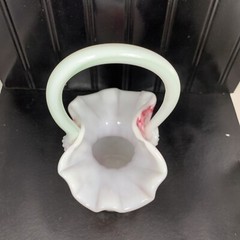 Pink Hand Blown Art Glass Basket Bowl Mid Century Pink & White Swirl 9″ Vintage