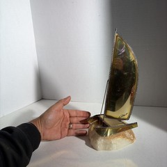 Vintage Mid Century Modern Brutalist Brass Trimaran Pontoon Sailboat Sculpture