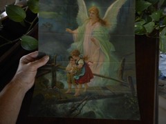 Antique Print Religion Angel watching Children on Bridge 16″ x 12″ old unframed