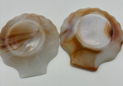 2 Akro Agate Clam Shell Brown & Opaque White Swirl Glass Trinket Dish Ashtray