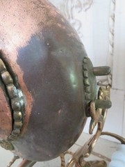 Old Copper TILTING TEA KETTLE on Ornate BRASS STAND White Porcelain Handles