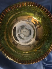Green and Blue Carnival Glass Bowel with Iridescent Accents