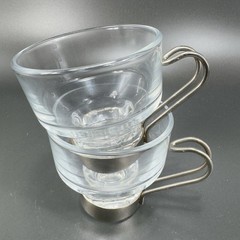 Vintage Espresso Coffee Cups Mugs Glass Steel Handles Clear Glass Small Cups VTG