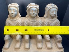 Rare Bactrian Sandstone Sculpture – Seated Trio – Ancient Central Asian Artifact