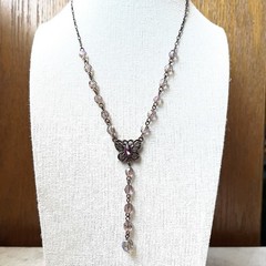 1928 Vintage Bronze Tone Purple Butterfly Pendant Station Necklace Boho Dainty