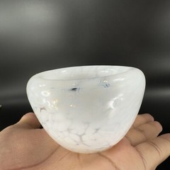 Hand Blown Art Glass Round Dish Bowl Heavy Small White Spots Hand Made Hollow