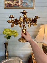 LARGE MID-CENTURY ITALIAN FLORENTINE TOLE GILT ROSES CANDELABRA 12”