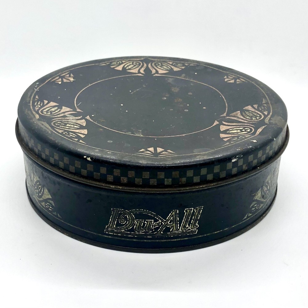 Vintage Art Deco Metal Tin Black & Gold w Flowers Du-All Mop Round Storage 1920s