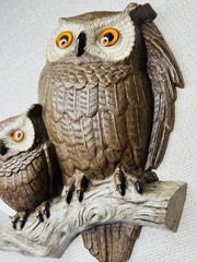 Vintage 1977 Mom + Baby Owl Wall Hanging Burwood Products Co Hard Plastic MCM