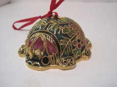 Cloisonne Enamel Ladybug Figurine Ornament Vintage Brass Gold Metal Hanging Hook