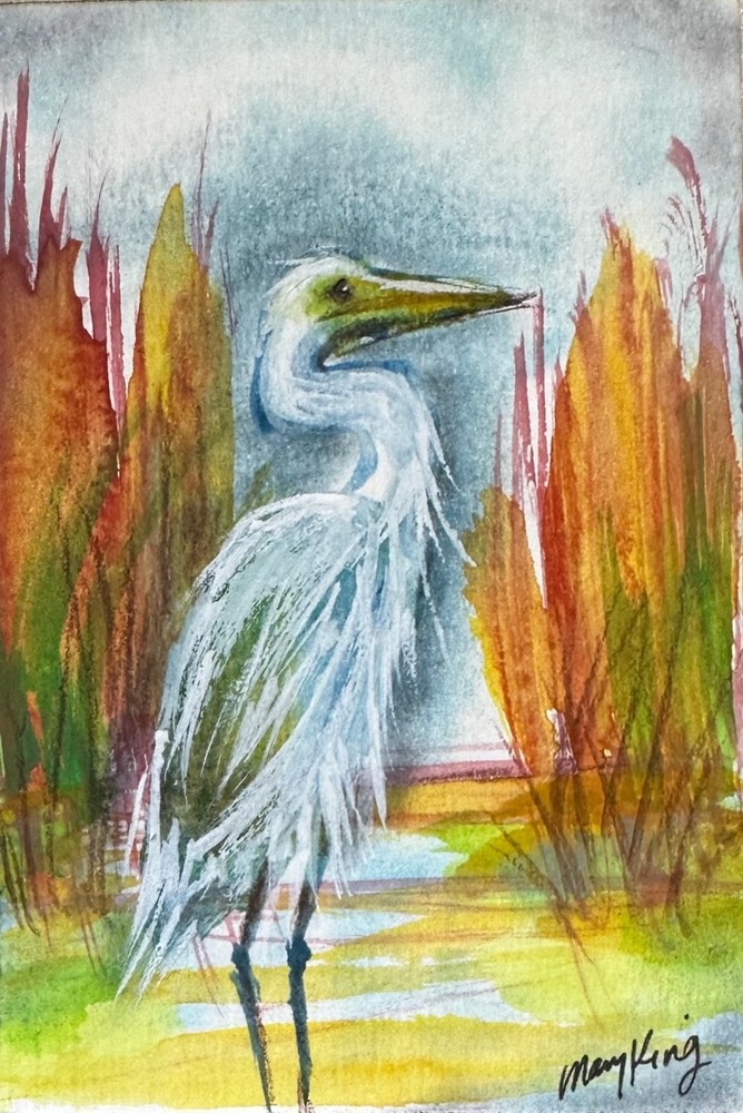 Original Watercolor Painting ACEO 2.5″ x 3.5″ by Mary King – Heron / Egret