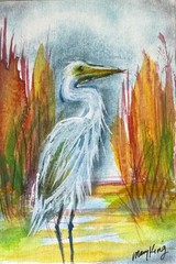 Original Watercolor Painting ACEO 2.5″ x 3.5″ by Mary King – Heron / Egret