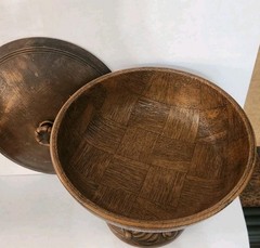 Vintage Footed Wood / Resin ? Candy Trinket Dish Etched Carved Floral w/ Lid