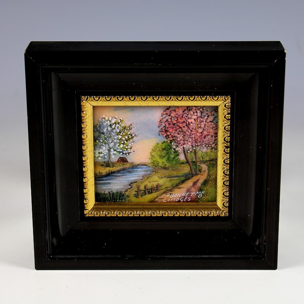 Limoges Enamel on Copper Landscape Painting French Landscape Signed Spring