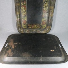 Antique Toleware Pair of Metal Trays Black Hand Painted Floral Stenciled 24″x18″