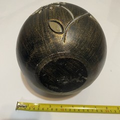 Distressed Black Carved Wood Vase with Silver Metal Floral Inlay Artisan Decor