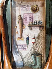 Wooden Fishing Row Boat Diorama -Wall Hanging Art Cabin Bass Decor Sign Display