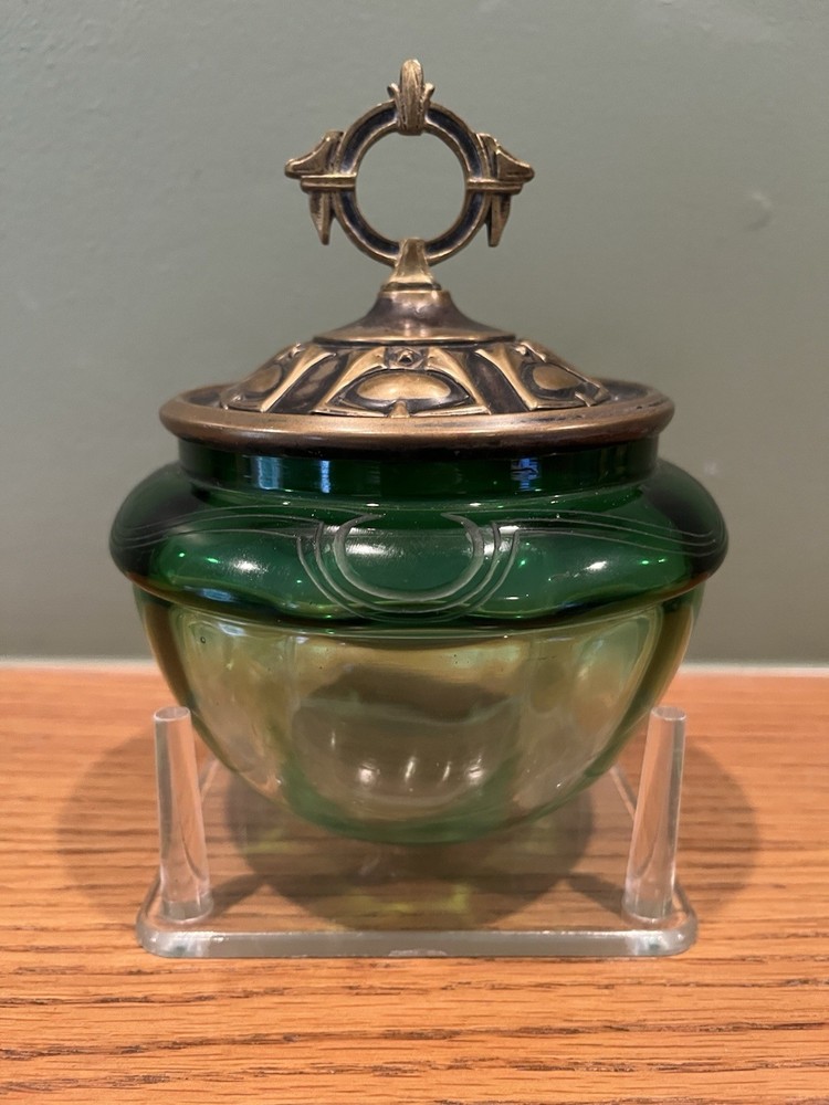 Antique Art Nouveau Austrian Jugendstil Green Glass Vessel w/ Metal Lid