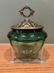 Antique Art Nouveau Austrian Jugendstil Green Glass Vessel w/ Metal Lid