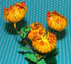 2 Unusual Vtg Enameled Metal Orange Flower Sculptures 6” Arrangement Closed