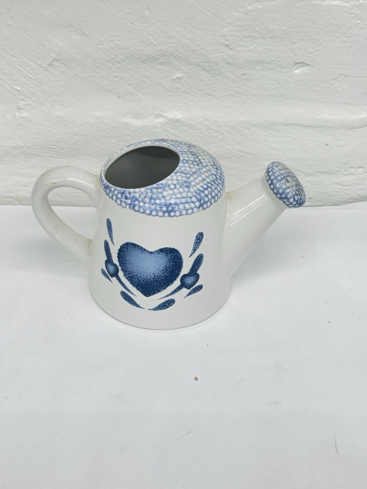 Vintage Pottery Watering Can with Blue Heart 5″ Tall 5.5″ Across Base Spongeware
