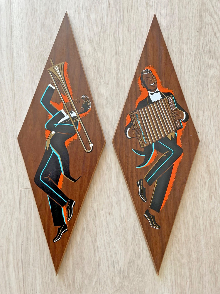 2 Vintage Mid Century TruArt Musicians Diamond Shaped Wall Art Decor Pair 21×7″