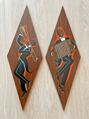 2 Vintage Mid Century TruArt Musicians Diamond Shaped Wall Art Decor Pair 21×7″