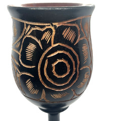 VTG Black Hand Carved Floral Stemmed Wood Goblet 7in