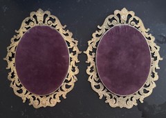 This Is A Set/ 2 VTG Italian Floral Wall Hanging Ornate Brass Frame Convex Glass