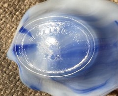 Vintage Akro Agate White Opalescent Slag Glass Blue Swirl Leaf