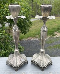 Pair of Antique – Vintage Art Nouveau Silver Tone Candlestick Holders Victorian