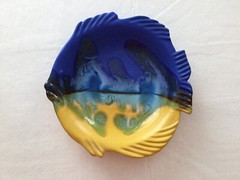 Ceramic Stoneware Pottery Fish Plate Candy Nut Dish Bowl Blue Drip Glaze Greece