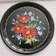 2 VINTAGE Russian Black Tole Ware Metal Trays Floral Hand Painted 7” EUC