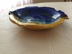 Ceramic Stoneware Pottery Fish Plate Candy Nut Dish Bowl Blue Drip Glaze Greece