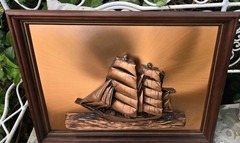 NAUTICAL, FRAMED, COPPER CLAD “3D” SHIP MODEL Victor Personette 22X16″