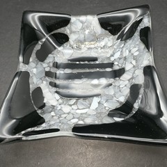 Fused Glass Black White & Gray Pebble Pebble Studio Art Glass Dish 12″
