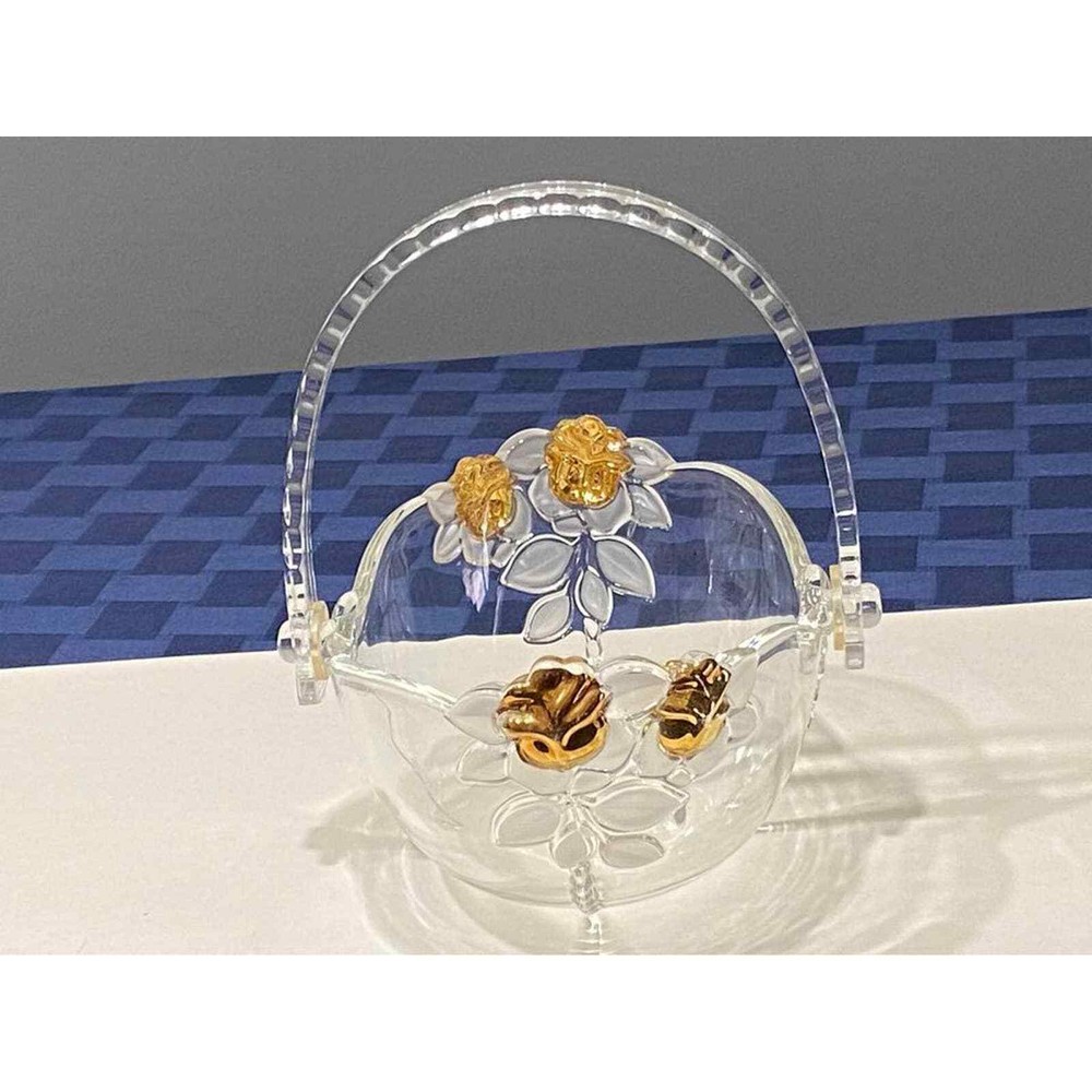 MIKASA GLASS BASKET PLASTIC REMOVABLE HANDLE GOLD ROSES W/FROSTED LEAVES 8″ LONG